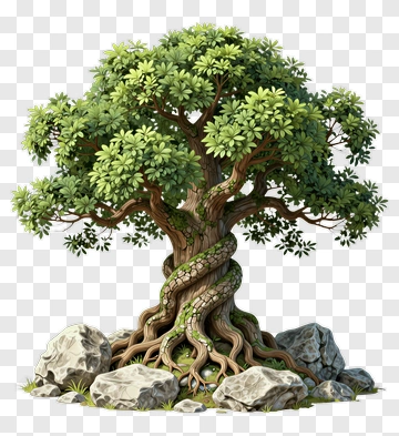 Colorful Tree With Twisted Roots And Rocks PNG