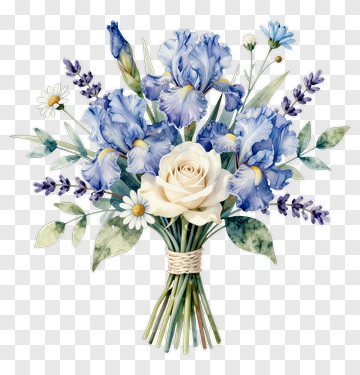 Watercolor Flower Bouquet With Blue Irises And White Rose PNG