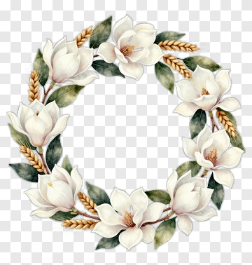Floral Wreath With White Magnolias And Wheat PNG