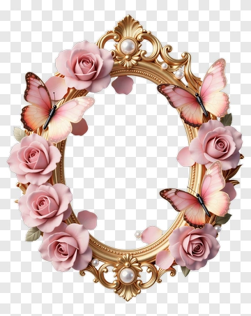 Gold Frame With Pink Roses And Butterflies PNG