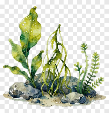 Watercolor Seaweed And Rocks Composition PNG
