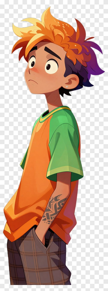 Cartoon Boy With Colorful Hair And Tattoo PNG