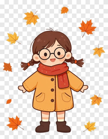 Cartoon Girl In Autumn Leaves PNG