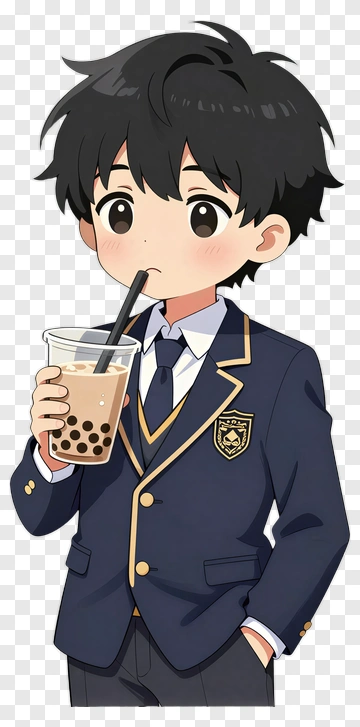 Anime Boy In School Uniform Drinking Bubble Tea PNG