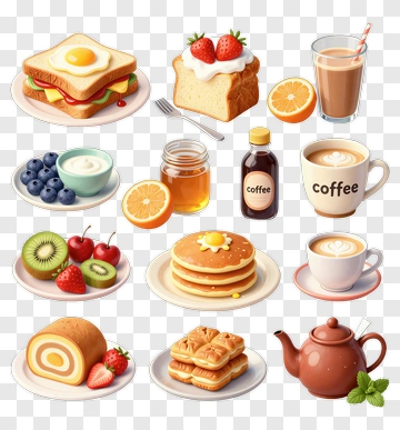 Breakfast Food Collection With Coffee And Fruits PNG