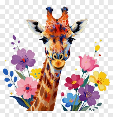 Colorful Giraffe Surrounded By Flowers PNG