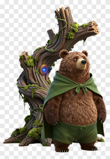 3D Bear Wearing A Cloak Beside A Tree Stump PNG