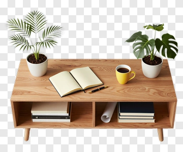 Wooden Coffee Table With Plants And Notepad PNG