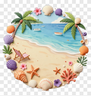 Tropical Beach Scene With Seashells And Palm Trees PNG