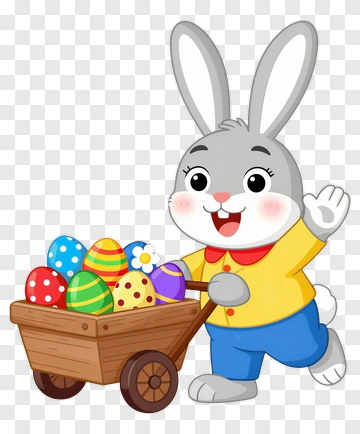 Cartoon Bunny Carrying A Cart Of Colorful Easter Eggs PNG