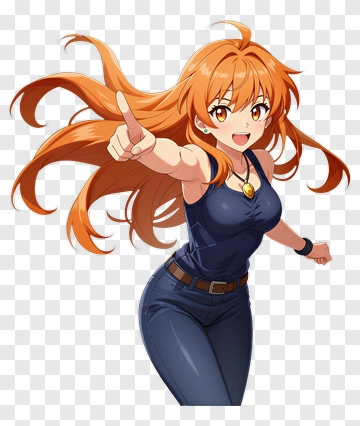 Anime Girl Pointing With Orange Hair PNG