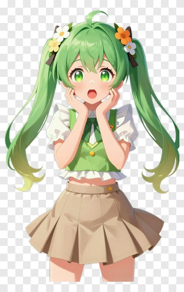 Surprised Girl With Green Hair And Flowers PNG