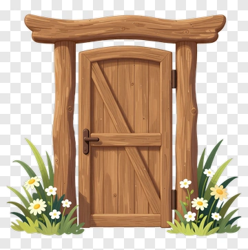 Wooden Door With Flowers And Grass PNG