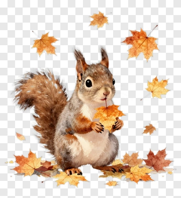Squirrel Holding A Leaf Among Autumn Leaves PNG