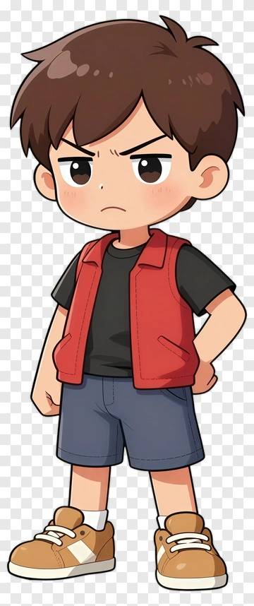 Cartoon Boy Standing With A Serious Expression PNG