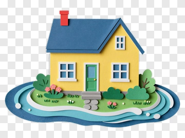 Colorful Paper Cut House Surrounded By Water And Plants PNG