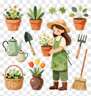 Gardener Holding A Flower Pot With Various Plants PNG