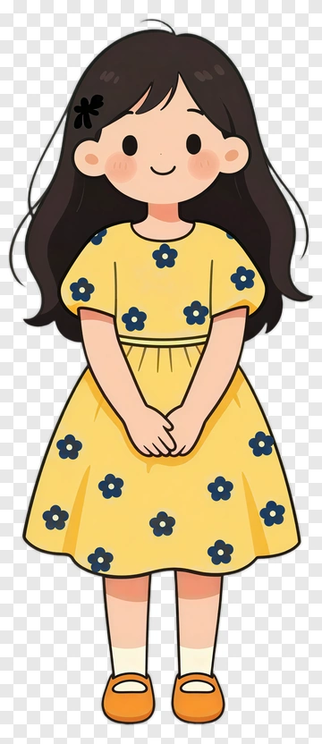Cartoon Girl In Yellow Floral Dress PNG