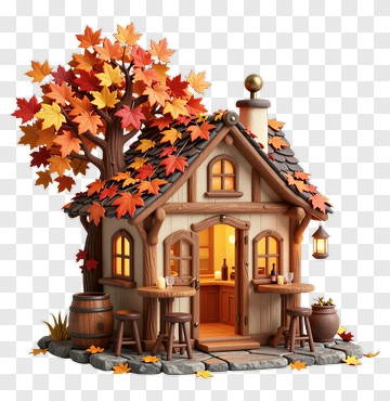 3D Autumn Cottage Surrounded By Colorful Leaves PNG
