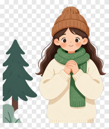 Girl In Winter Outfit With A Pine Tree PNG