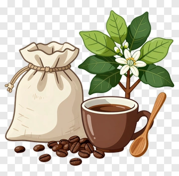 Coffee Cup With Coffee Beans And Bag PNG