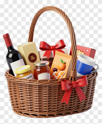 Gift Basket Filled With Treats And Wine PNG
