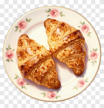 Delicious Croissants On Floral Plate PNG