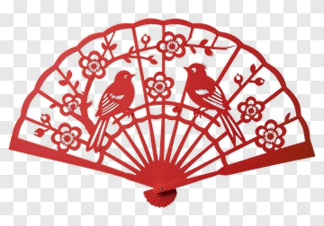 Red Paper Fan With Birds And Flowers PNG