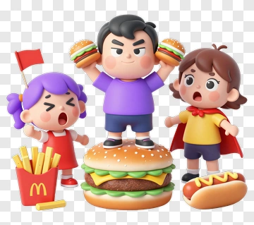 Cartoon Kids With Fast Food And A Giant Burger PNG