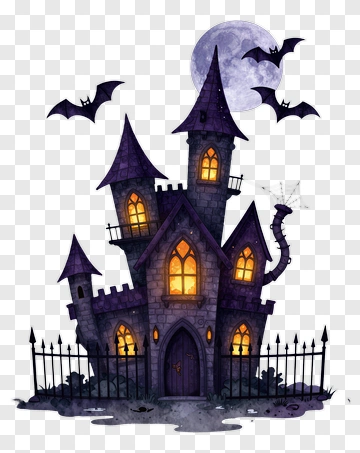 Haunted Castle With Bats And Full Moon PNG