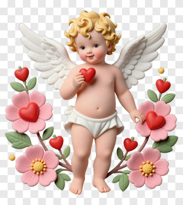 Cherubic Angel Holding A Heart Among Flowers PNG