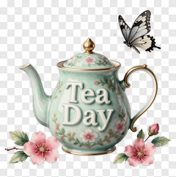 Teapot With Tea Day Theme And Flowers PNG