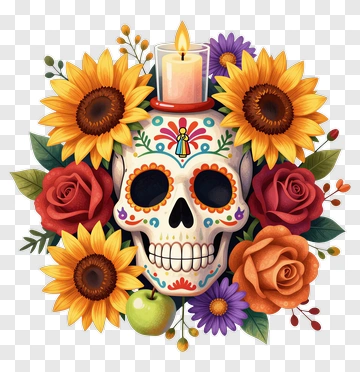 Colorful Sugar Skull Surrounded By Flowers PNG