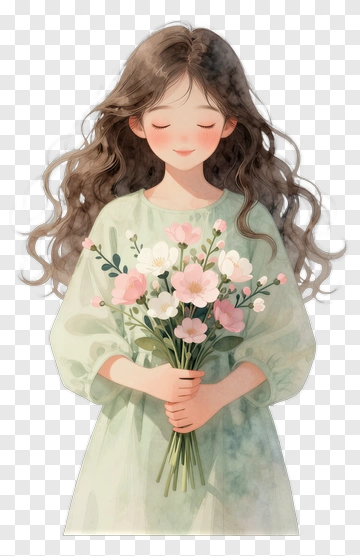 Girl Holding A Bouquet Of Flowers PNG
