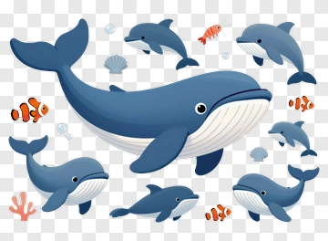 Cartoon Whales And Fish In Underwater Scene PNG