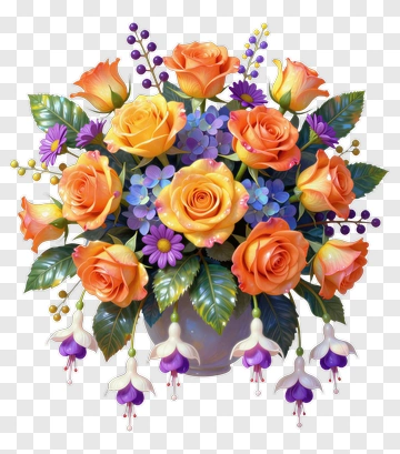 Colorful Flower Bouquet With Orange Roses And Purple Flowers PNG