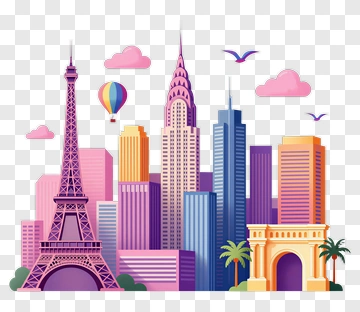 Colorful City Skyline With Famous Landmarks PNG