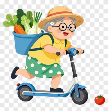 Cartoon Grandma Riding A Scooter With Vegetables PNG