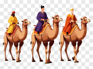 Three Camel Riders In Colorful Attire PNG