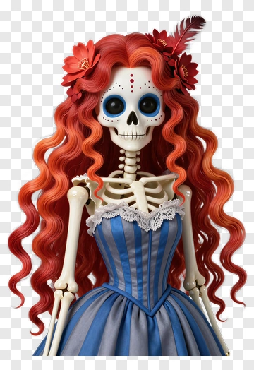 Colorful Skeleton Woman In A Blue Dress PNG