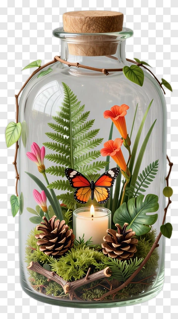 Glass Terrarium With Butterfly And Candle PNG