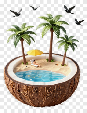 Tropical Island Scene With Palm Trees And Pool PNG