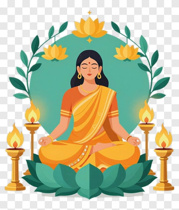 Meditating Woman In Traditional Attire With Lotus And Lamps PNG