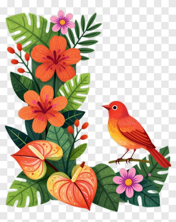 Colorful Tropical Flowers And Bird PNG