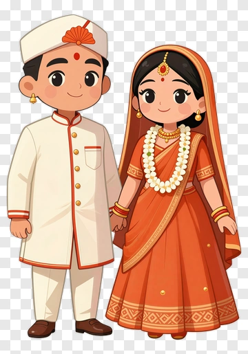 Cartoon Indian Couple In Traditional Attire PNG