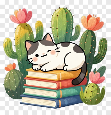 Cartoon Cat Sitting On A Stack Of Colorful Books PNG