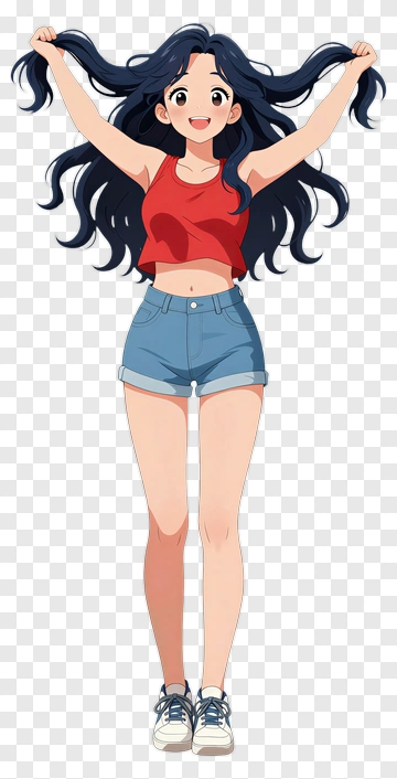 Cartoon Girl Smiling And Playing With Her Hair PNG