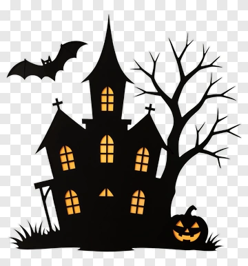 Halloween Haunted House With Pumpkin And Bat PNG