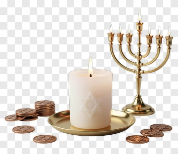 Hanukkah Candle With Menorah And Chocolate Coins PNG