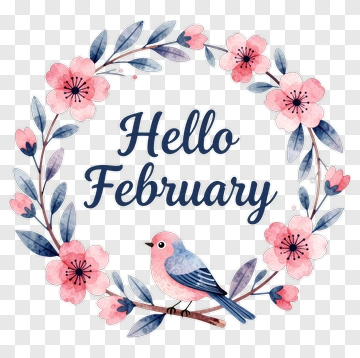 Hello February With Floral Wreath And Bird PNG